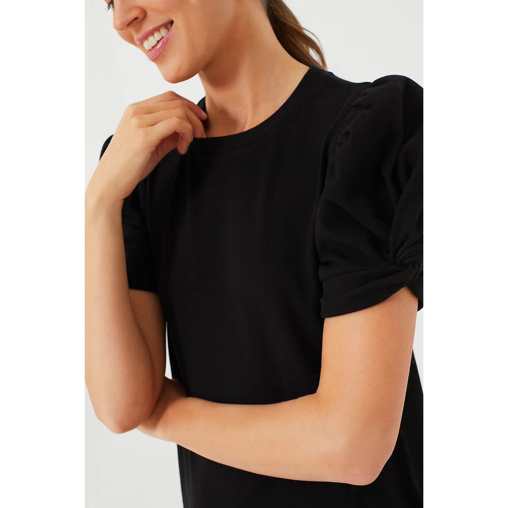JAK & RAE | Black Puff Sleeve Slit Cotton Summer Preppy Blouse Short Sleeve- XS